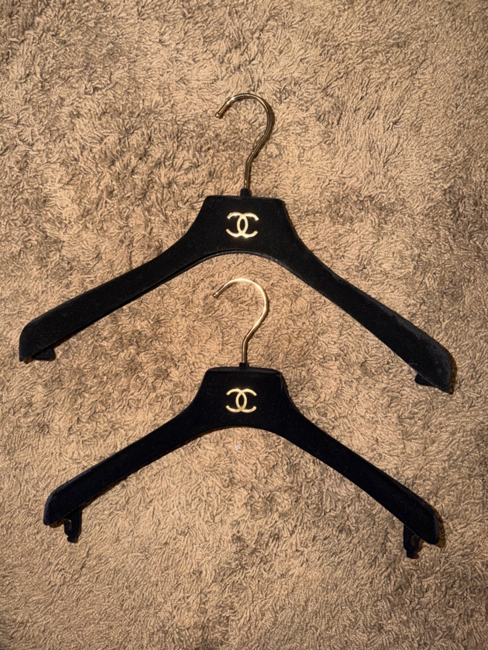 Lot of 2 CHANEL Black Velvet Hangers with Gold CC Logo and Hooks